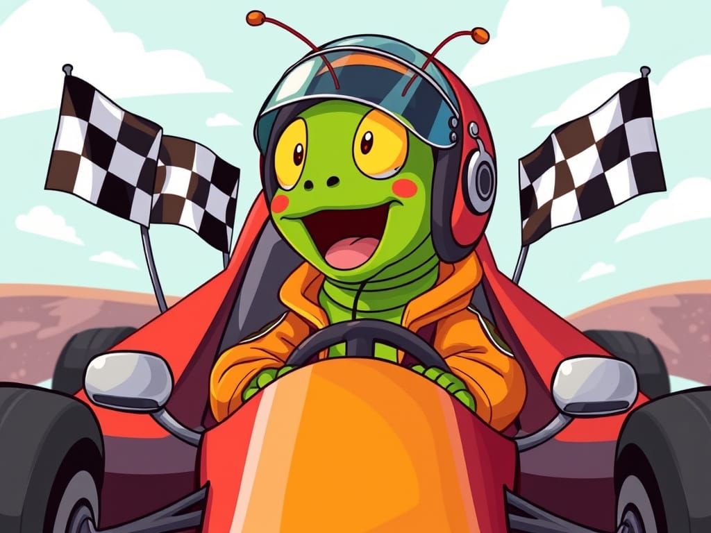 Excited Caterpillar has purchased his first racing car