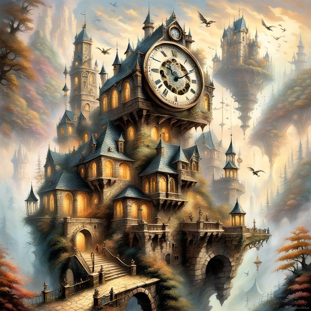 Surreal Flying Castle with Clockwork Gears