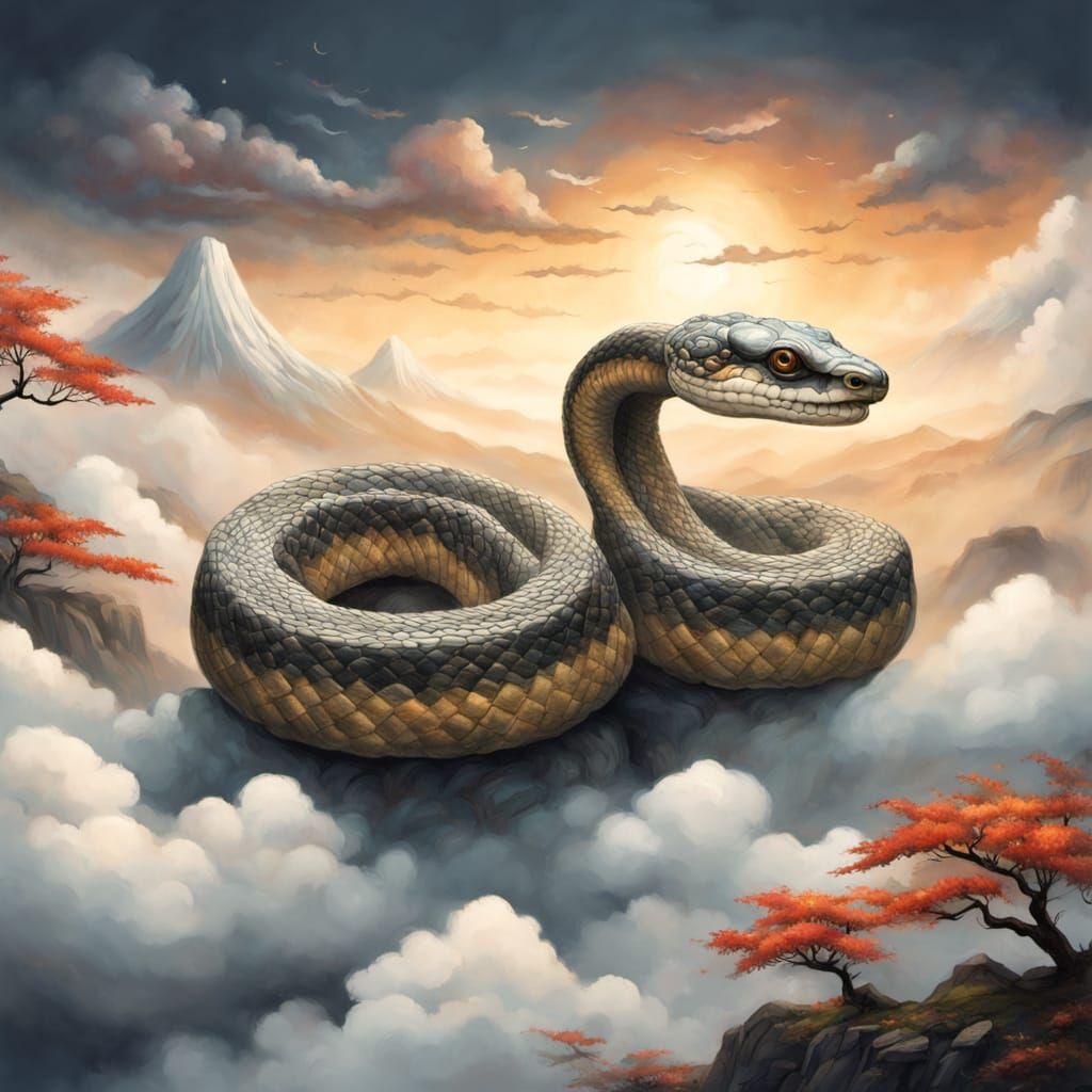 Traditional Japanese Snake Weaves through Clouds in Soft Foc...