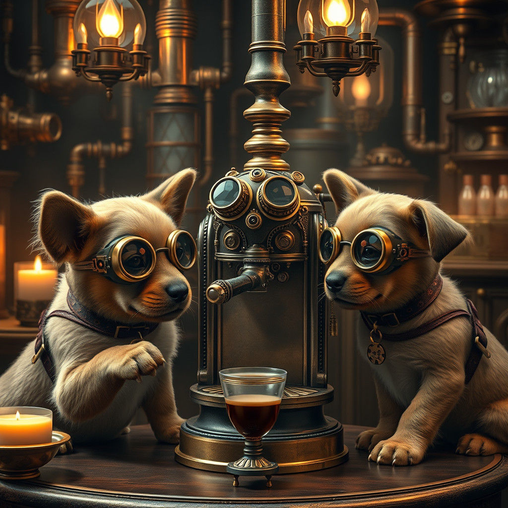Steampunk Puppies Sip Espresso in Sci-Fi Cafe