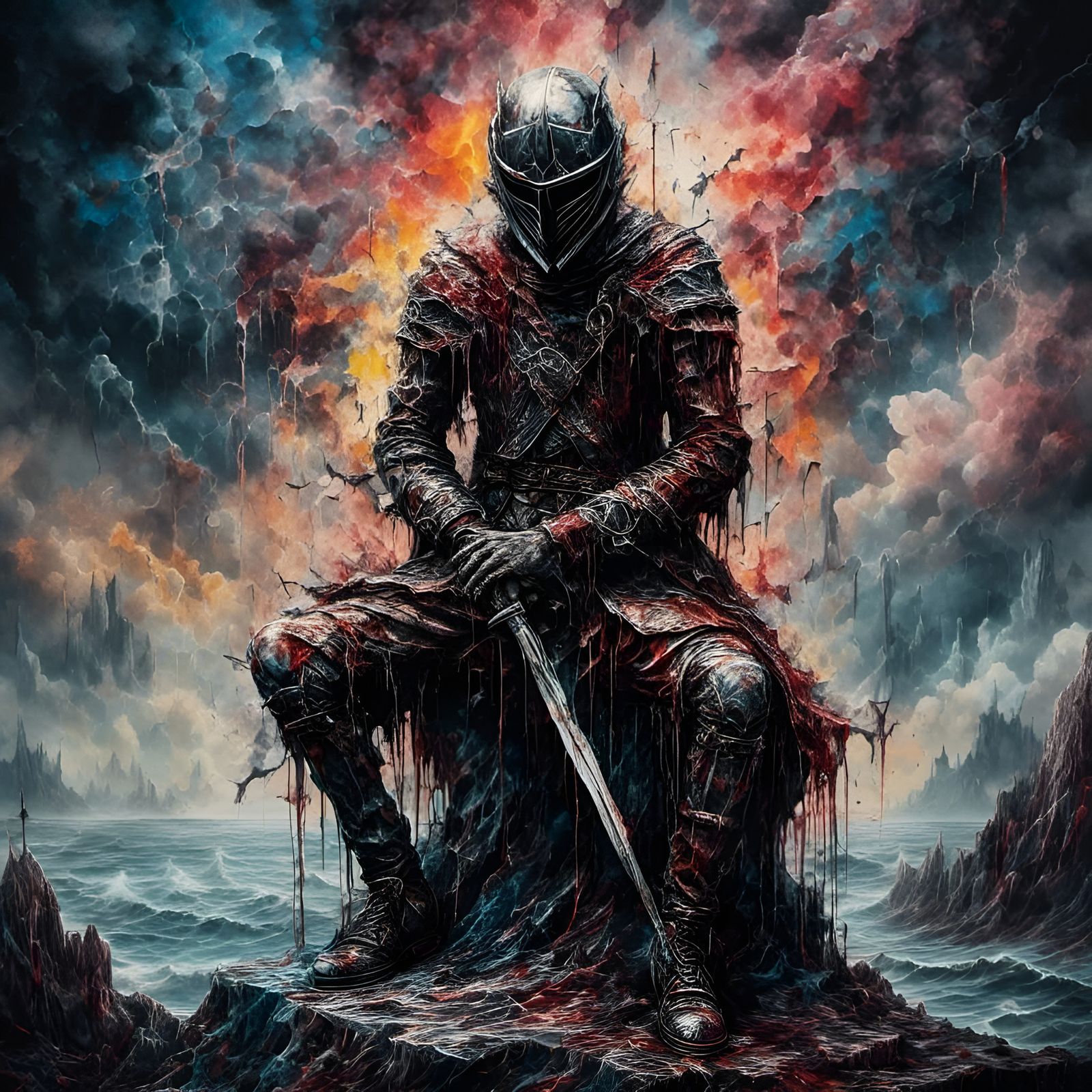 Knight at Cliff Edge in Macabre Graffiti Style