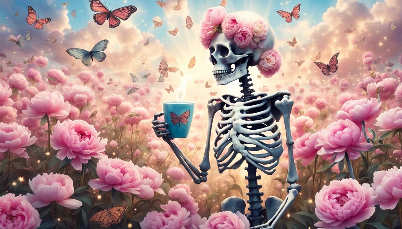 Whimsical Skeleton's Coffee Break in Peony Field