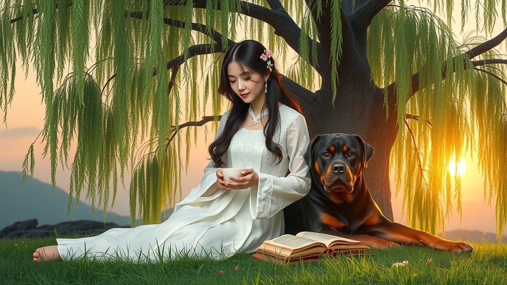 Serene Young Woman in Hanfu Dress Under Majestic Willow Tree