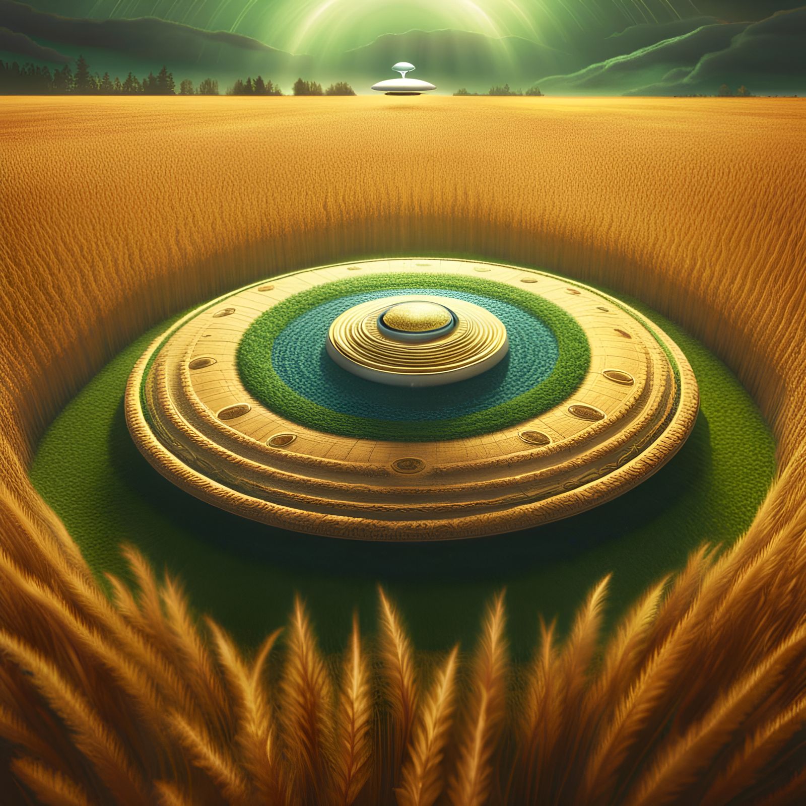 UFO over Crop Circles in Hyperrealistic Style