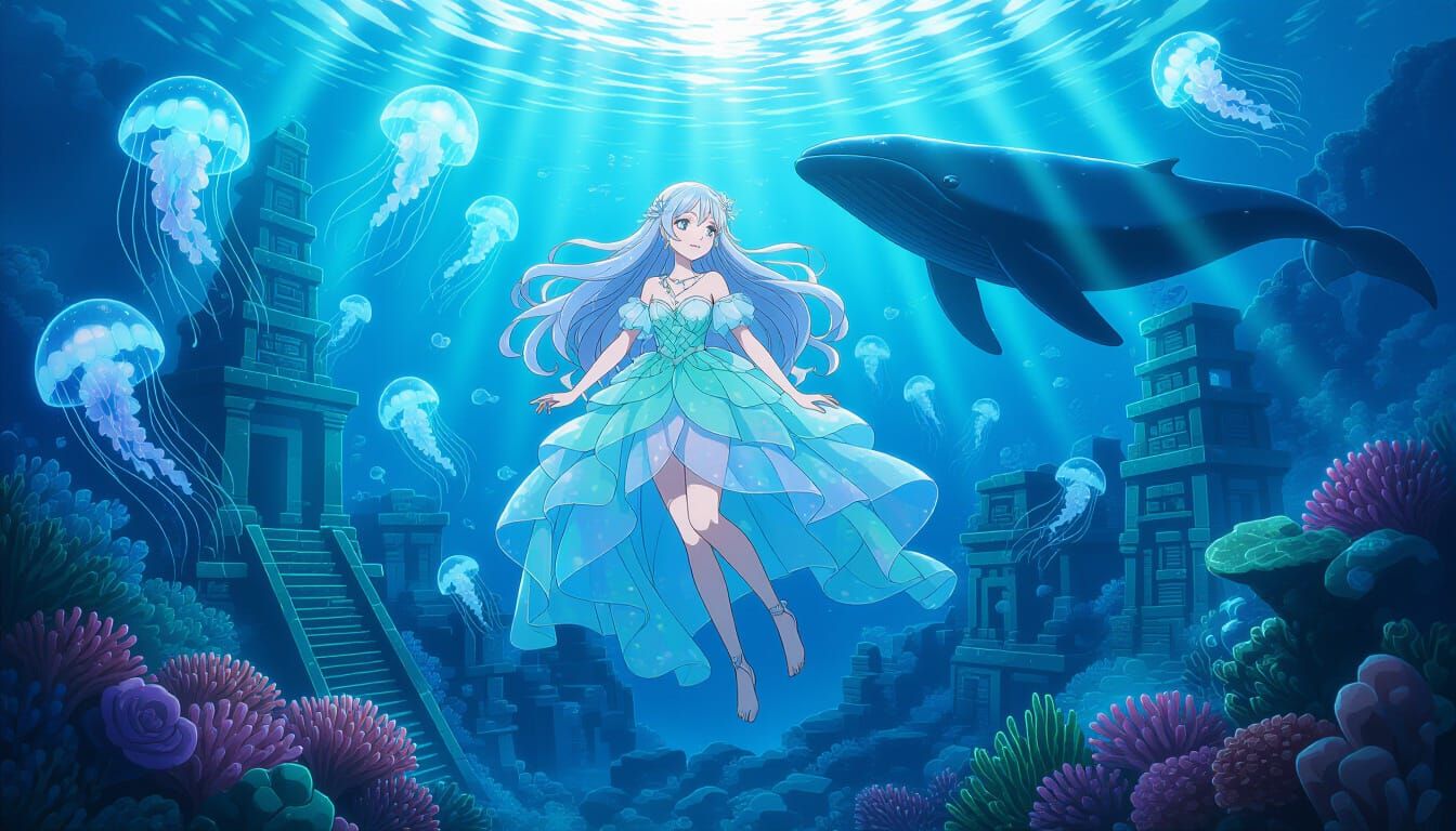 Anime Girl in Underwater Scene with Glowing Fish