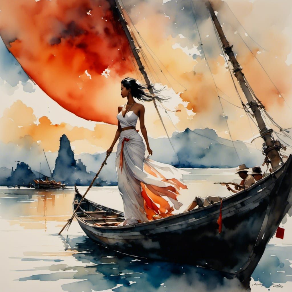 Mekong River Woman in White Dress: Watercolor Comic