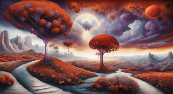 Surreal Landscape in Dreamlike Red and Purple