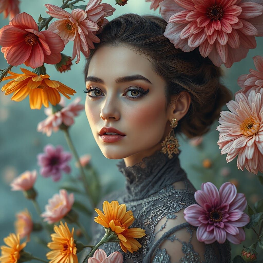 Ethereal Woman Surrounded by Flowers in Digital Art