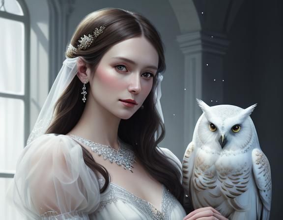 Ethereal Beauty with Mechanical Owl Portrait
