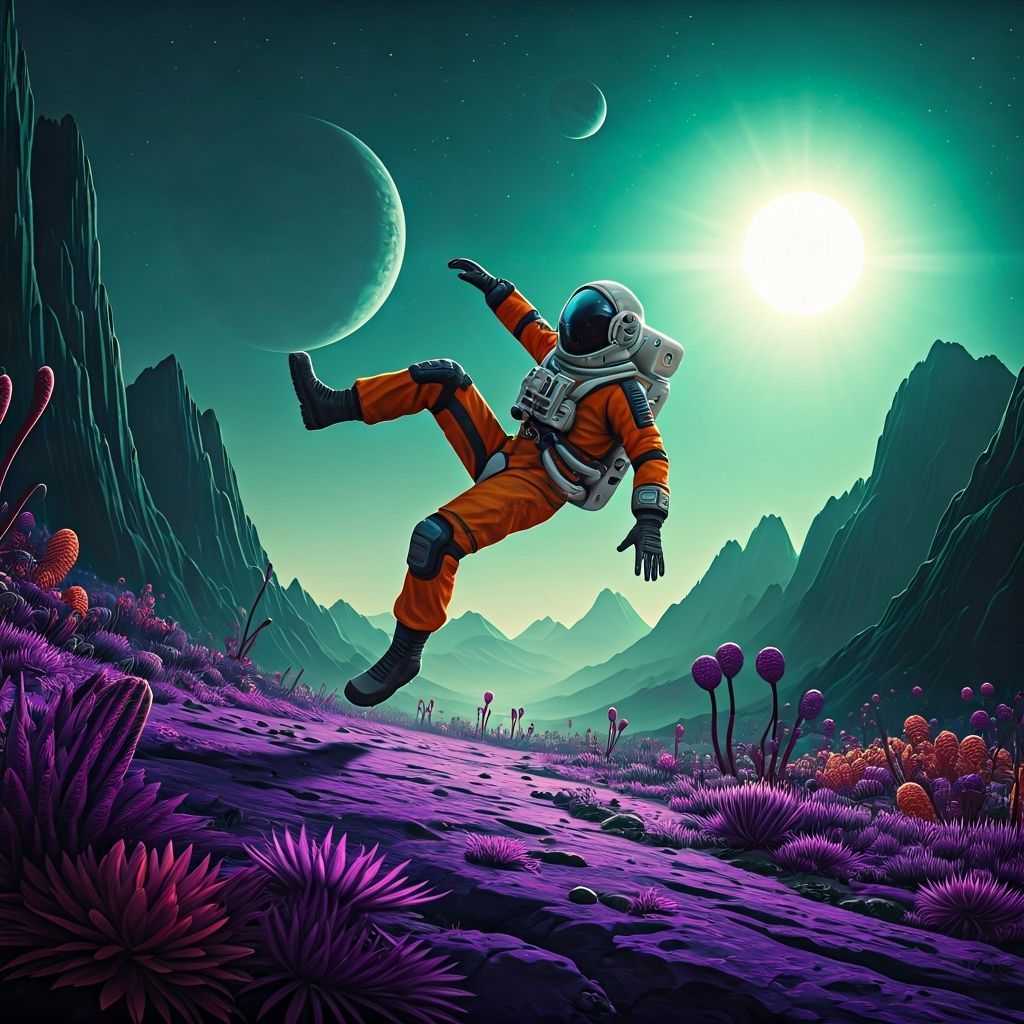 Astronaut Falls on Alien Planet, Cinematic Sci-Fi Scene