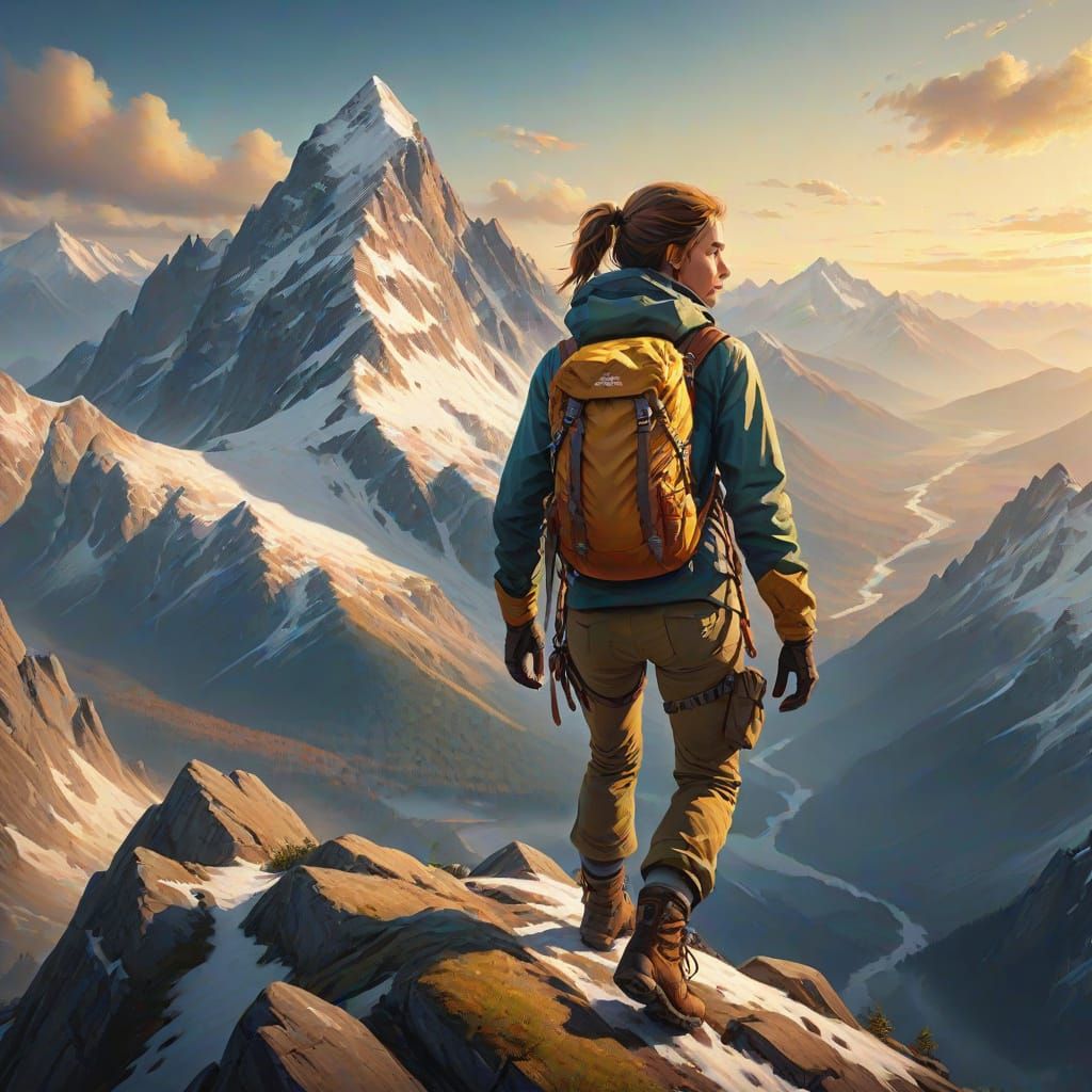Female Adventurer Climbs Mountain in Vibrant Oil Painting