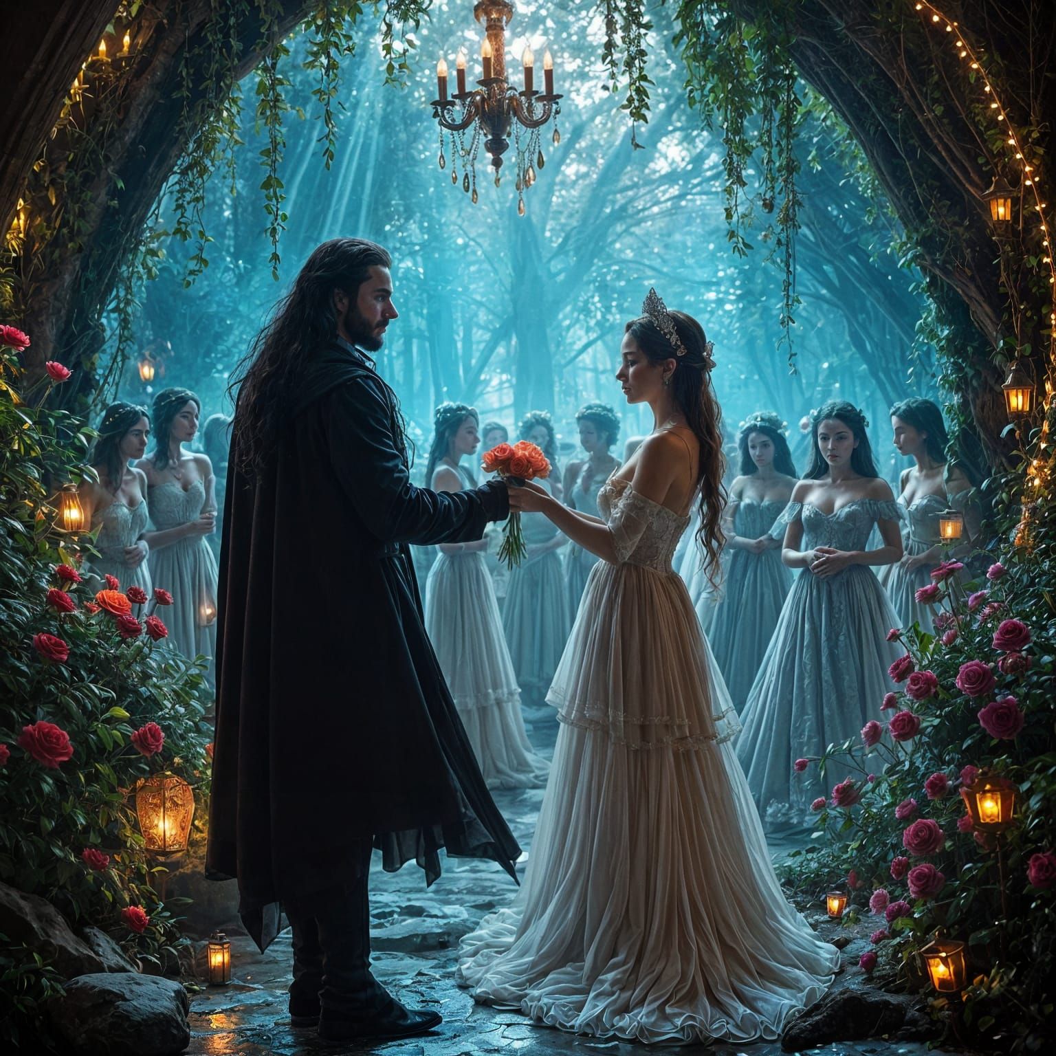 Elegant Masquerade Ball in Bioluminescent Grotto