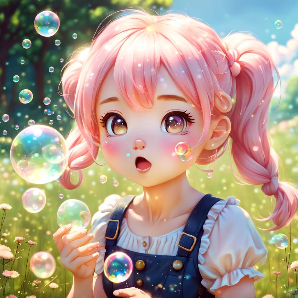 Happy Chibi Girl Blowing Bubbles in Meadow