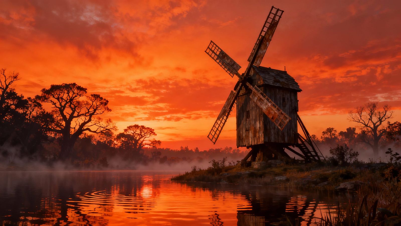 Matte Painting of Orange Sunset Over Lake and Windmill