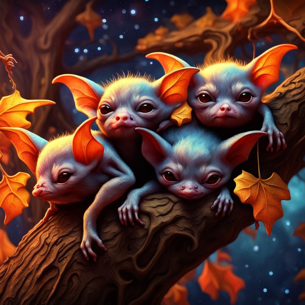Chibi Vampire Bats Sleeping Under Galaxy Sky