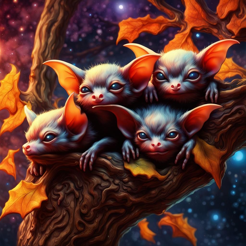 Chibi Vampire Bats Sleeping Under Galaxy Sky