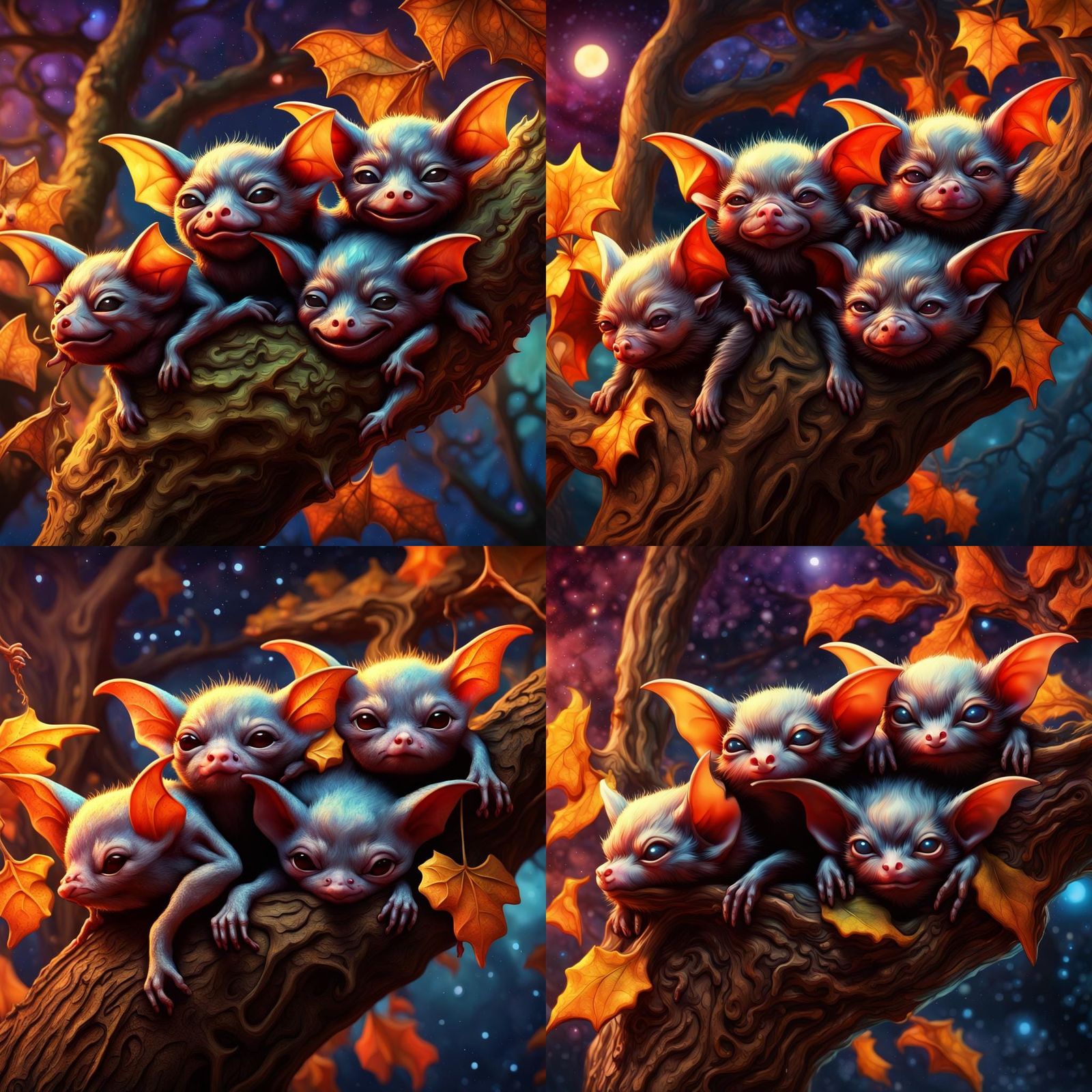 Chibi Vampire Bats Sleeping Under Galaxy Sky