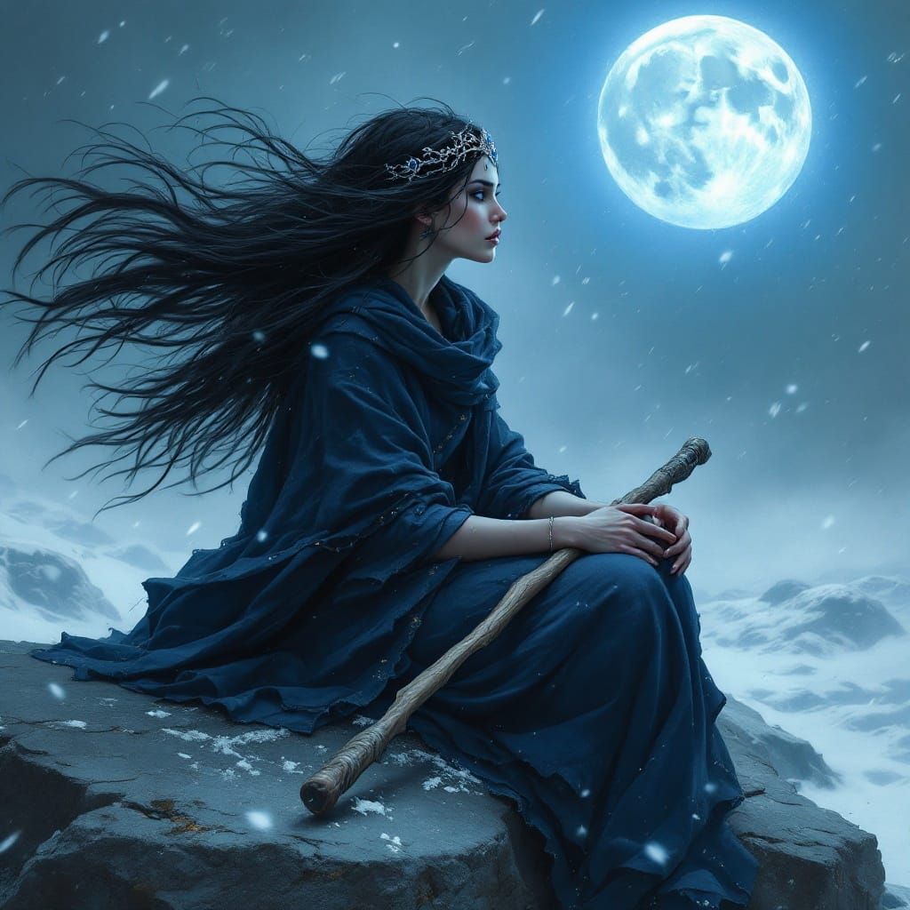 Norse Goddess Contemplates Snowy Storm in Lunar Light
