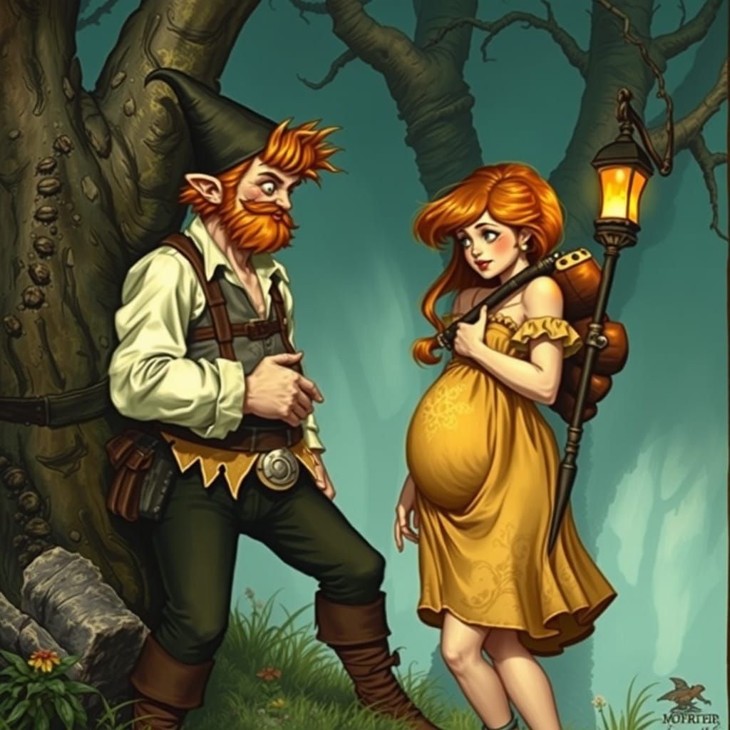 Heroic Hansel Protects Pregnant Gretel in a Fantasy Landscap...