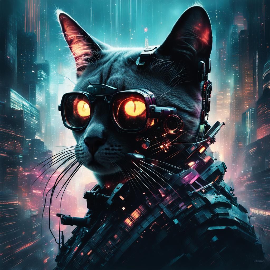 Cyberpunk Cat Silhouette in Quantum Entanglement