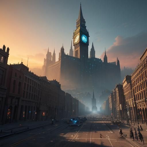 Apocalyptic Riot Scene with Glowing Clock Tower