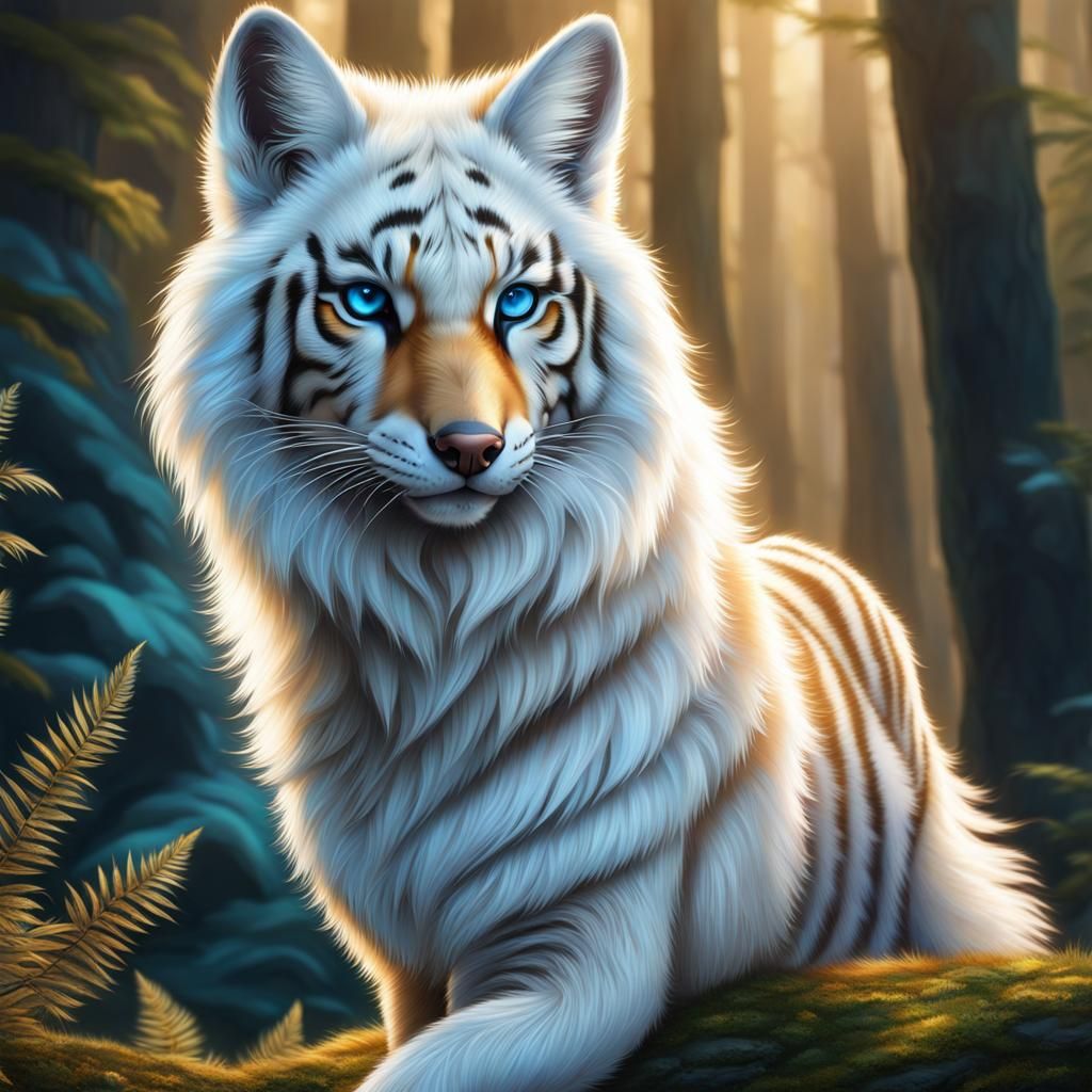 Fluffy White Fox and Tiger Hybrid in Digital Painting