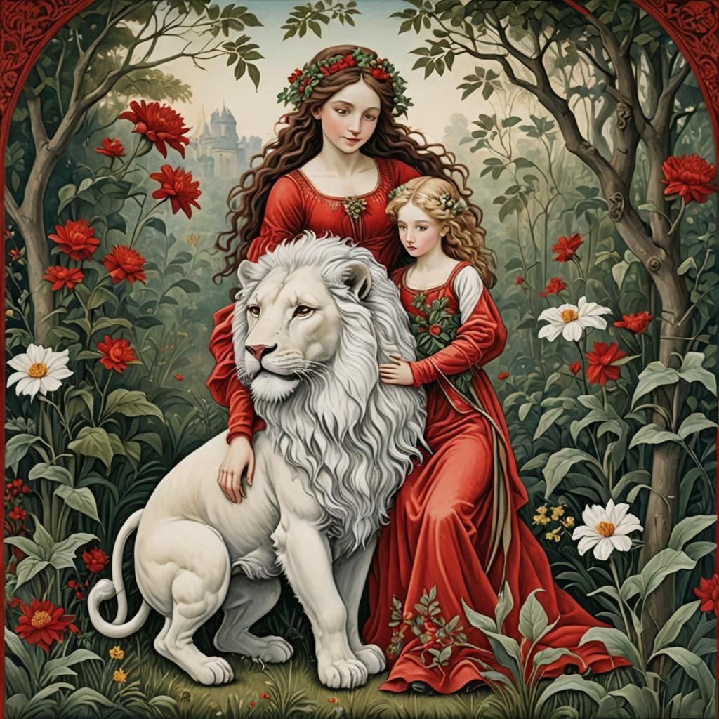 Fairy and Lion in Naive Art Style