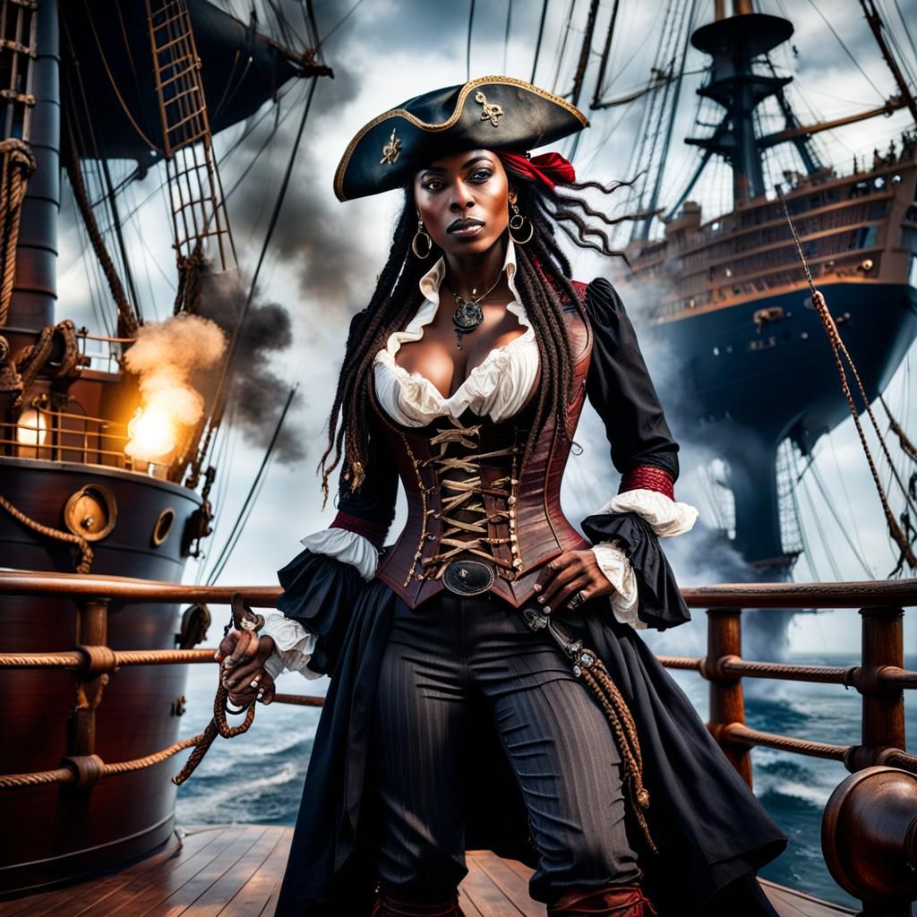 Dark Skinned Pirate Girl on Ship Deck