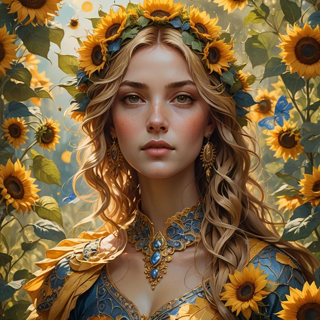 Sunflower Lady Portrait in Lush Garden, Fantasy Illustration