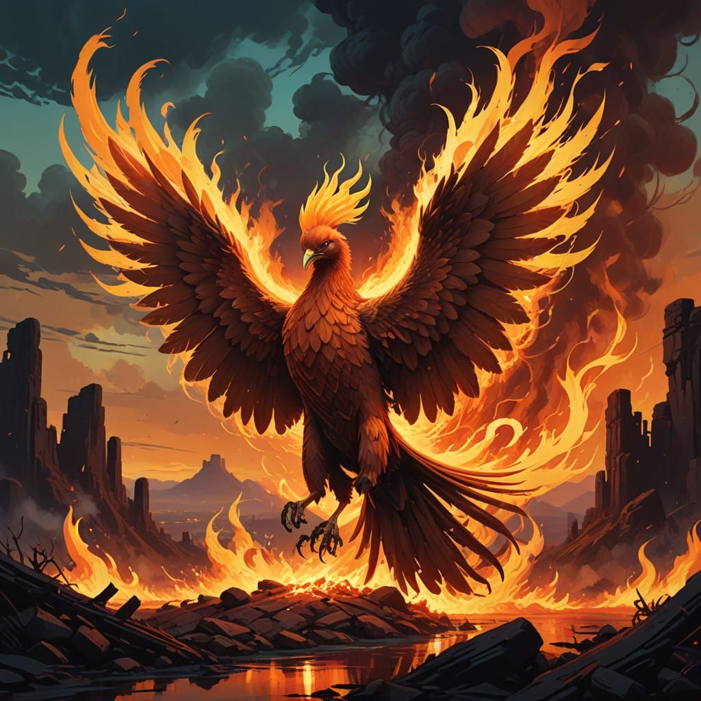 Phoenix Ignites in Fiery, Mysterious Landscape