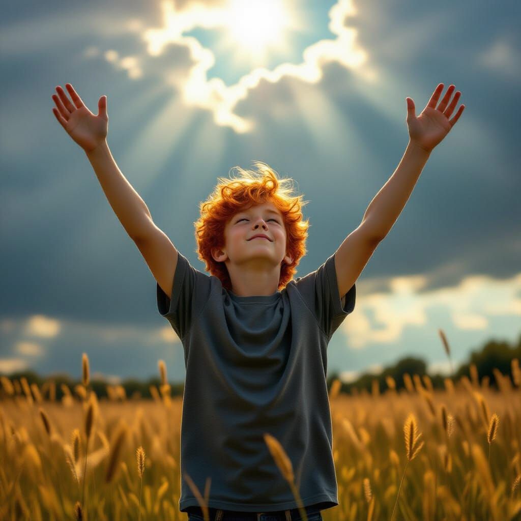Teenager Praising God in Dramatic Field Light