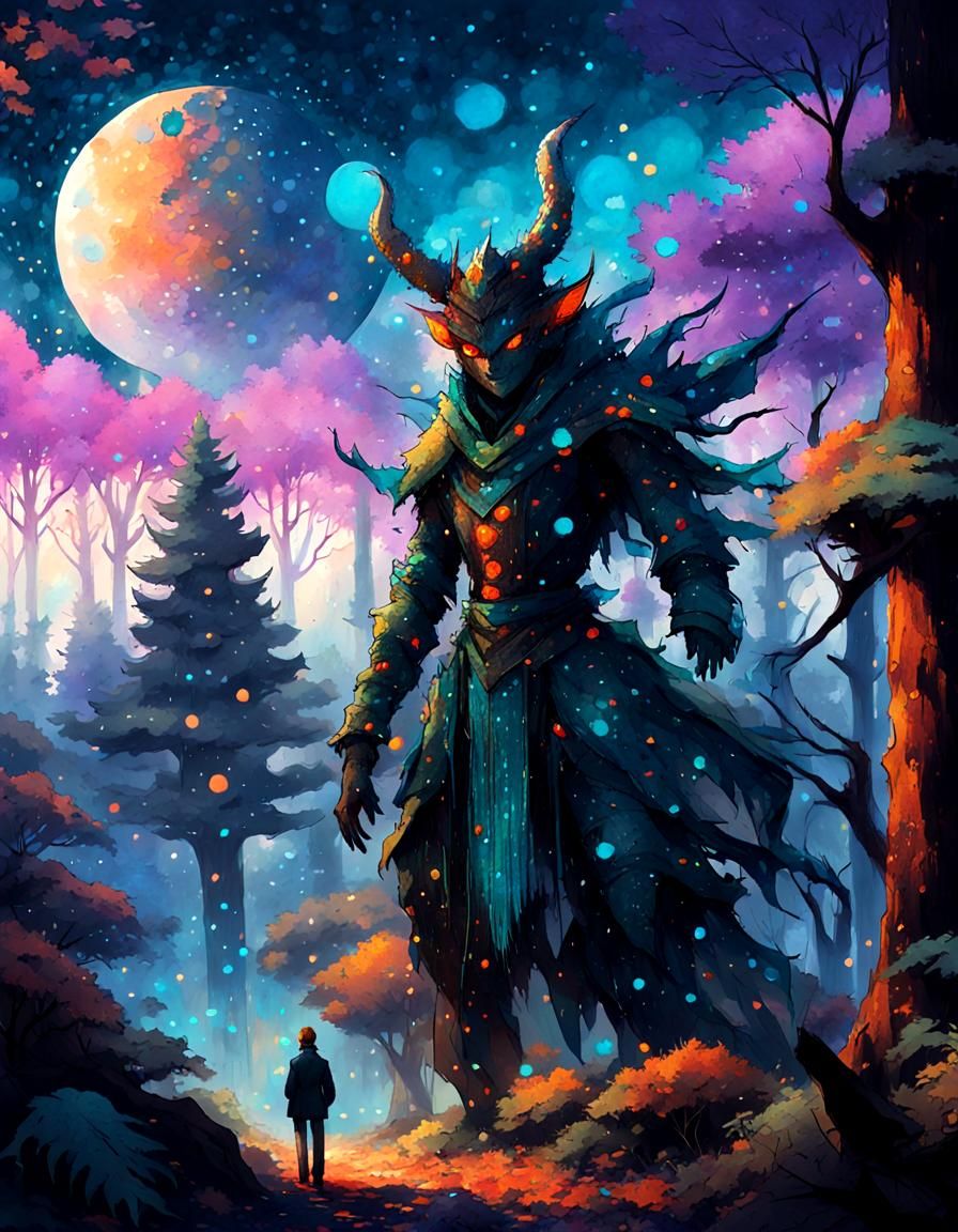Monster Adventurer in Pointillist Fantasy Forest