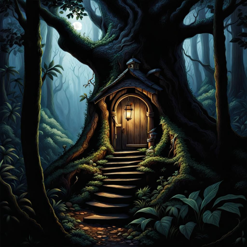 Enchanted Treehouse with Glowing Windows in Dark Jungle