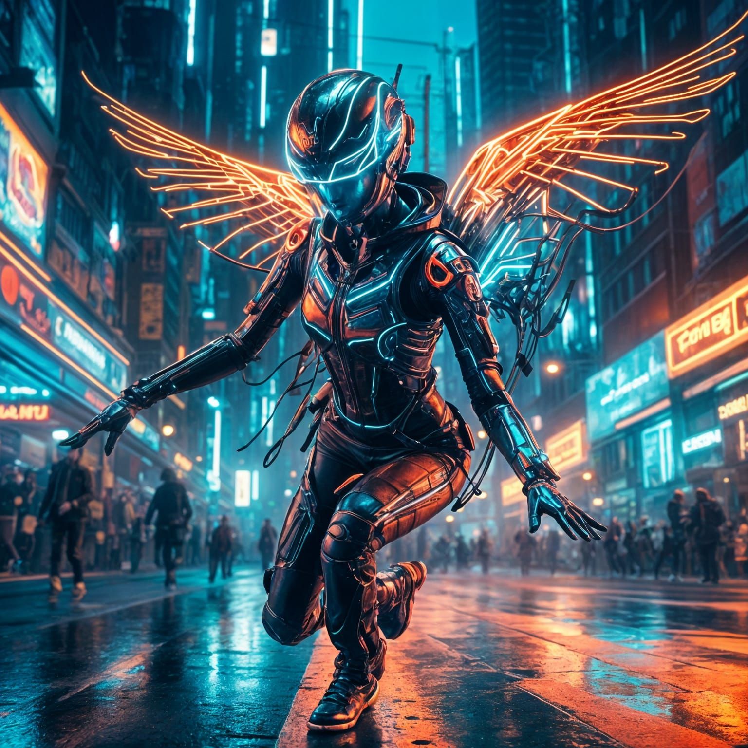 Dancer with Mechanical Wings in Neon City