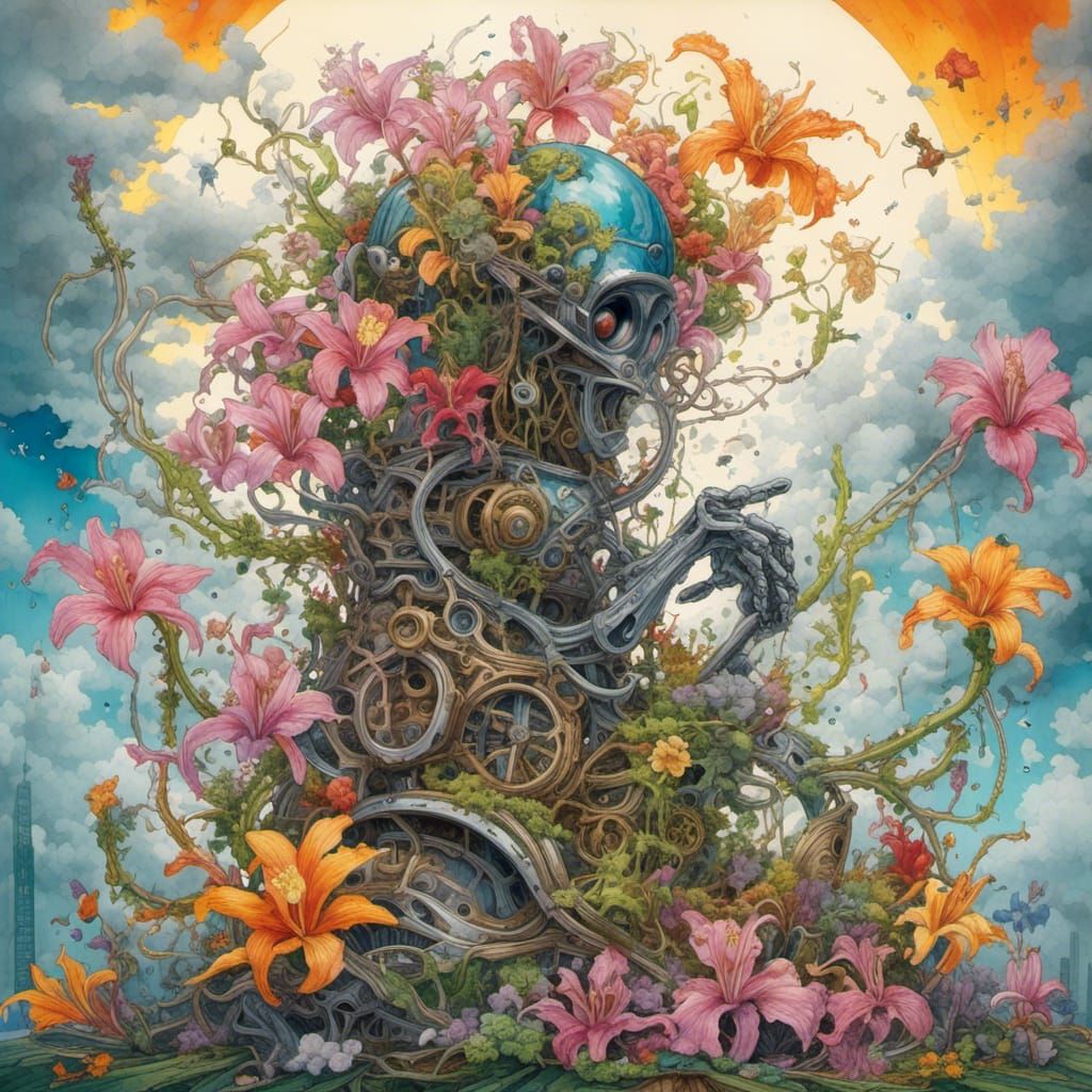Cyborg Gardener with Orchids in Hyperreal Watercolour
