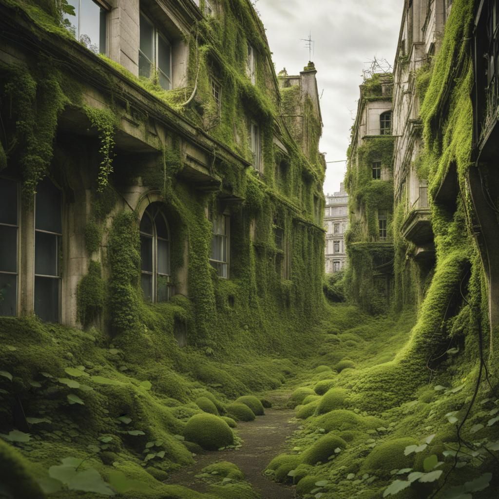 Overgrown city covered in vines and moss