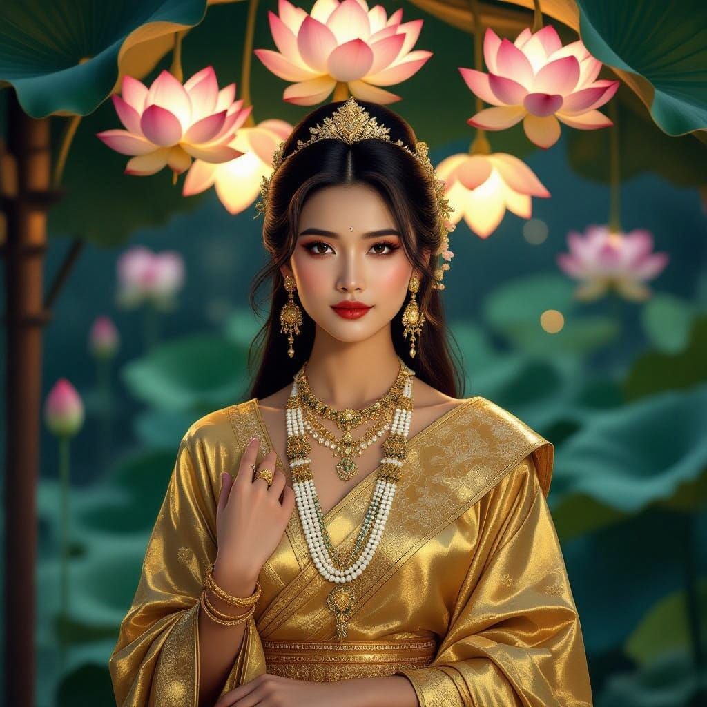 Mystical Laotian Princess in Moonlit Lotus Garden