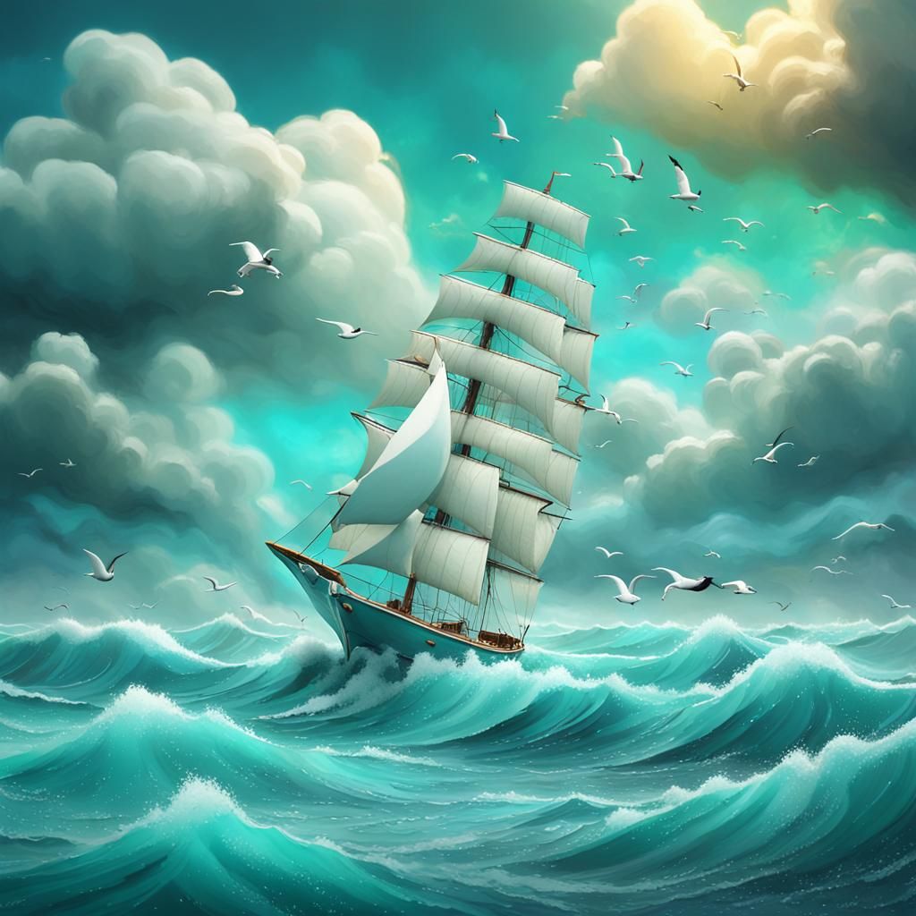 Cartoon Sailboat Navigates Stormy Turquoise Ocean