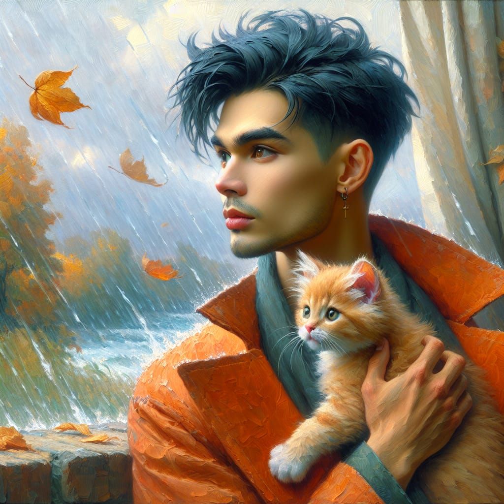 Man and Kitten in Autumn Storm, as Impasto Painting
