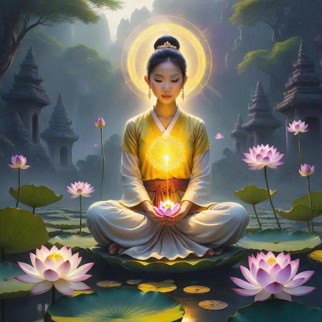 Vietnamese Maiden's Spiritual Enlightenment with Lotus Flowe...