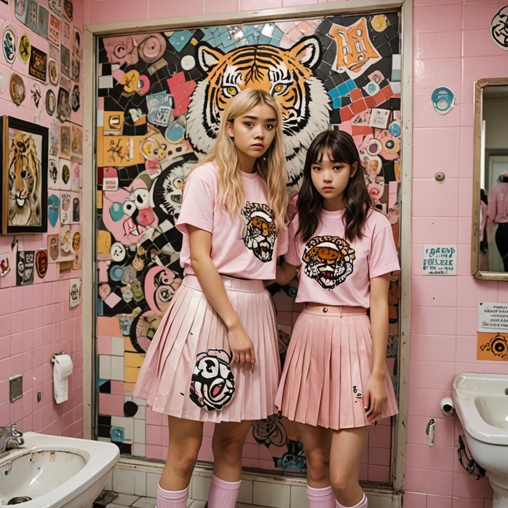 Teenage Girls in 80s Bathroom, Murakami and Burton Style