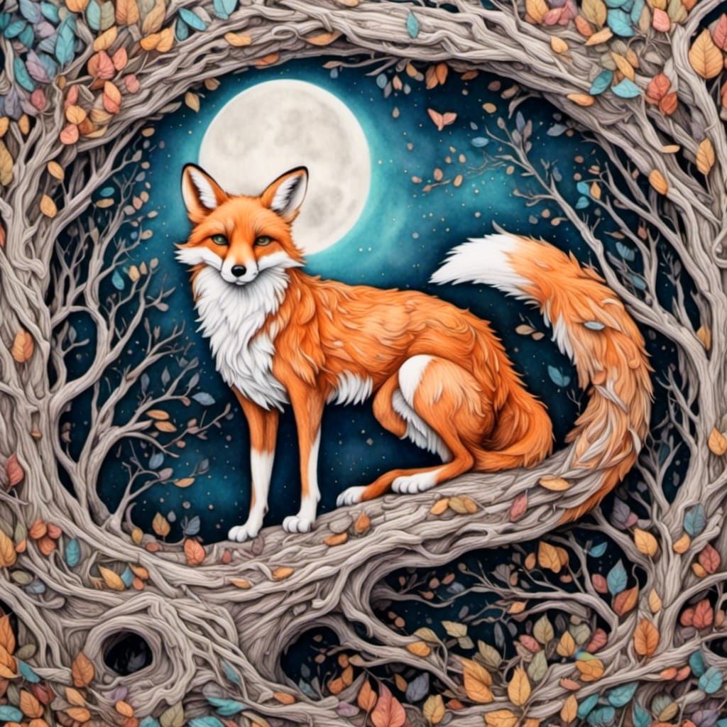 Fox Under Moon: Detailed Color Pencil Sketch