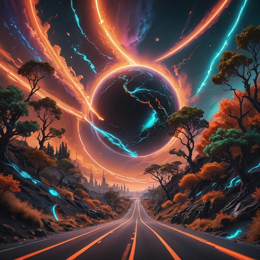Neon Road to Future City, Digital Art