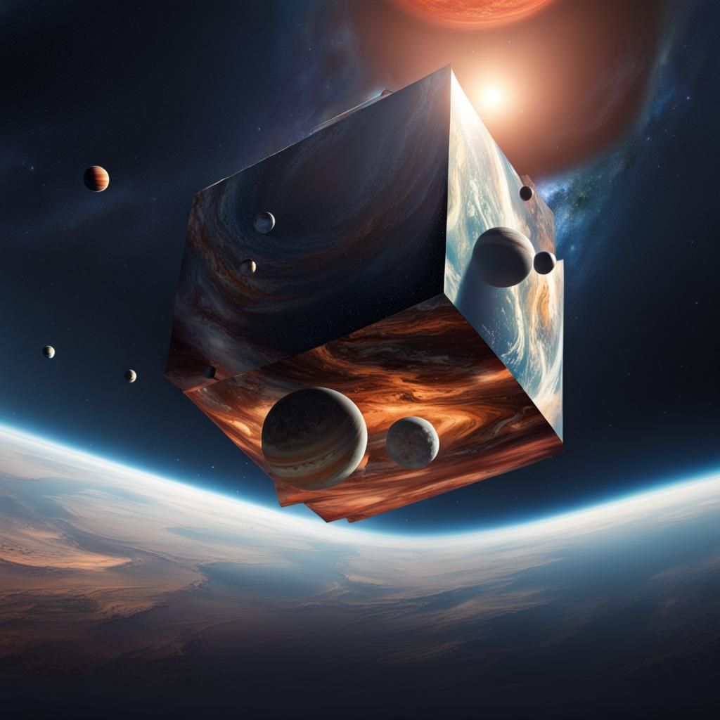 Distorted Cube Spaceship Orbiting Planets