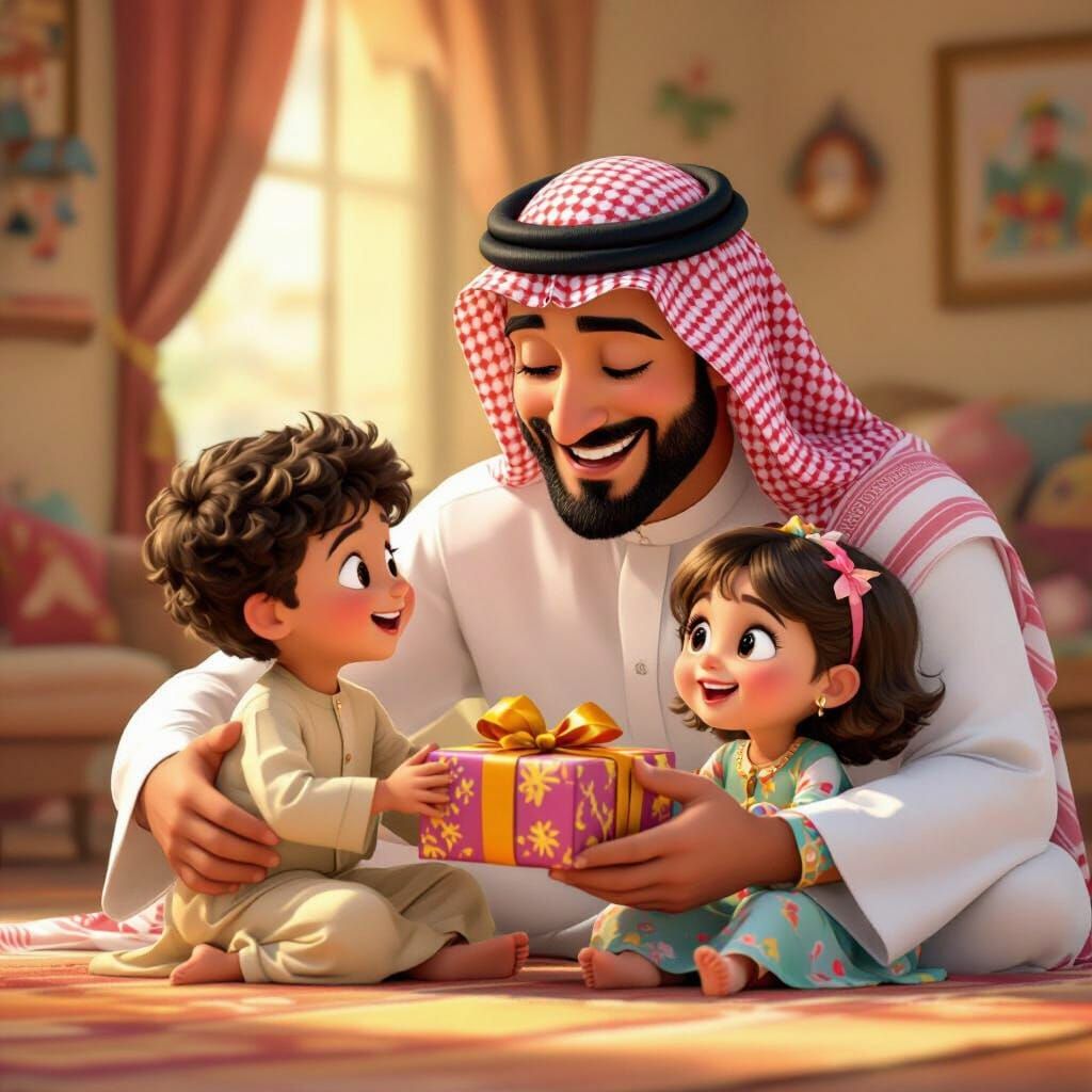 Saudi Father's Heartwarming Gift: A Cartoon Illustration
