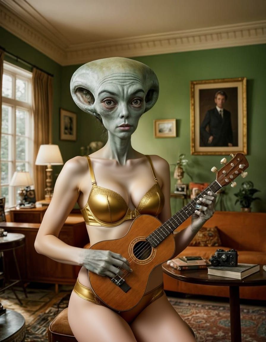 Alien Ukelele Player in Wes Anderson Style