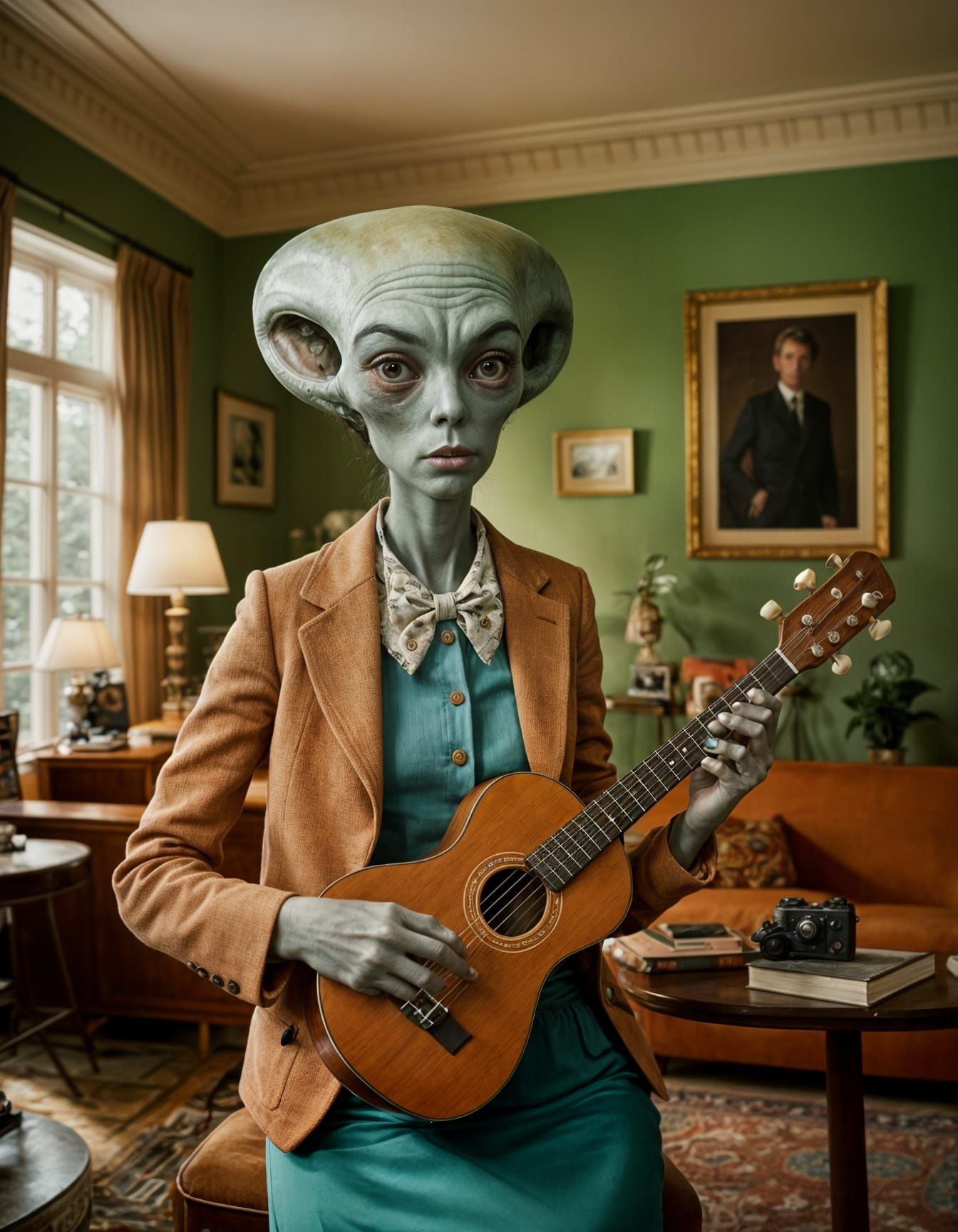 Alien Ukelele Player in Wes Anderson Style