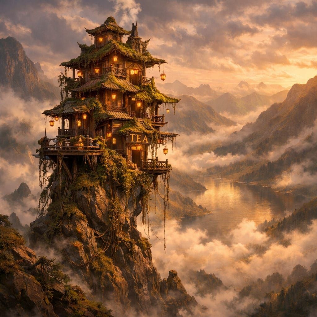 Magical Stacked Tea House on Mountain Peak in Painterly Styl...