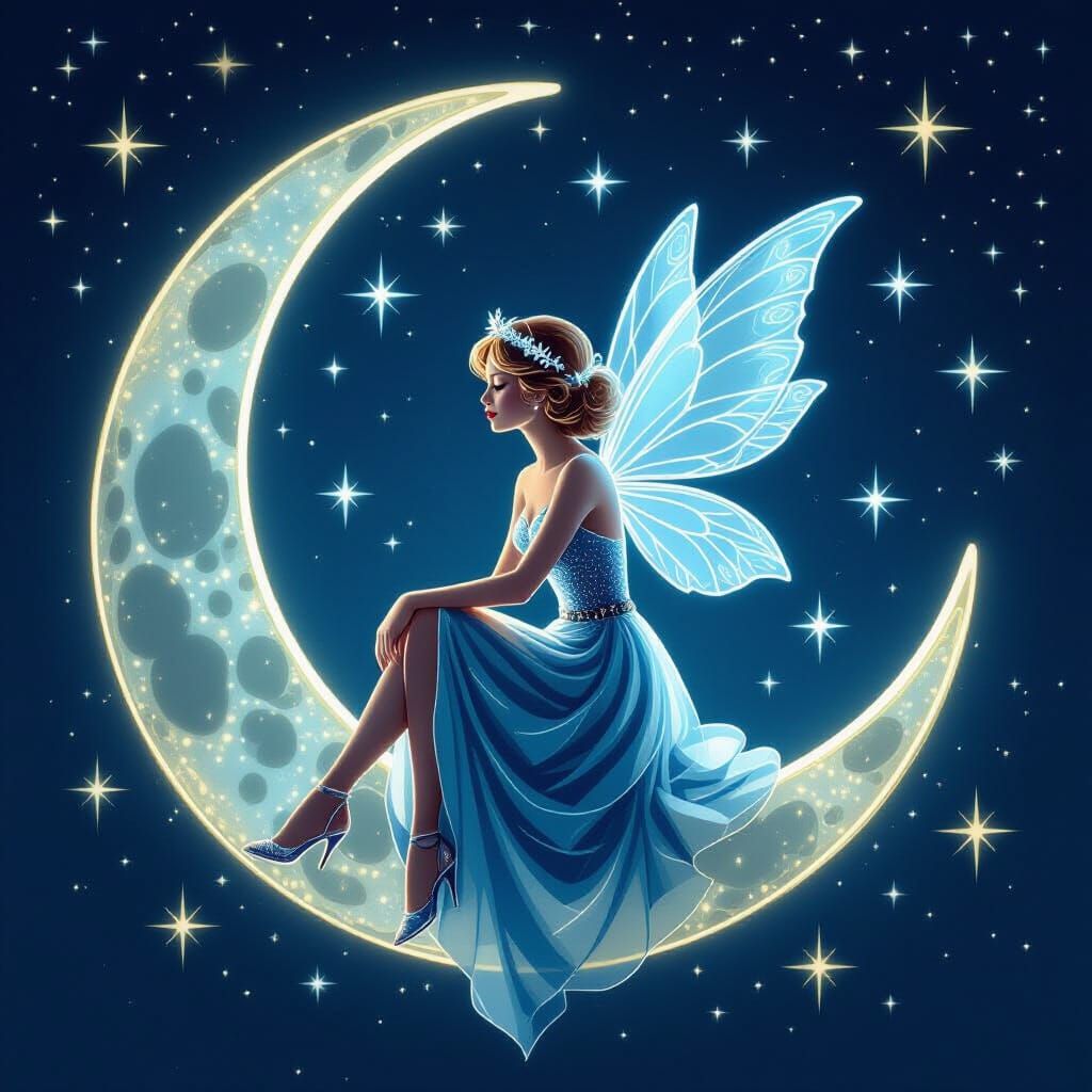 Neon Fairy on Crescent Moon with Stars