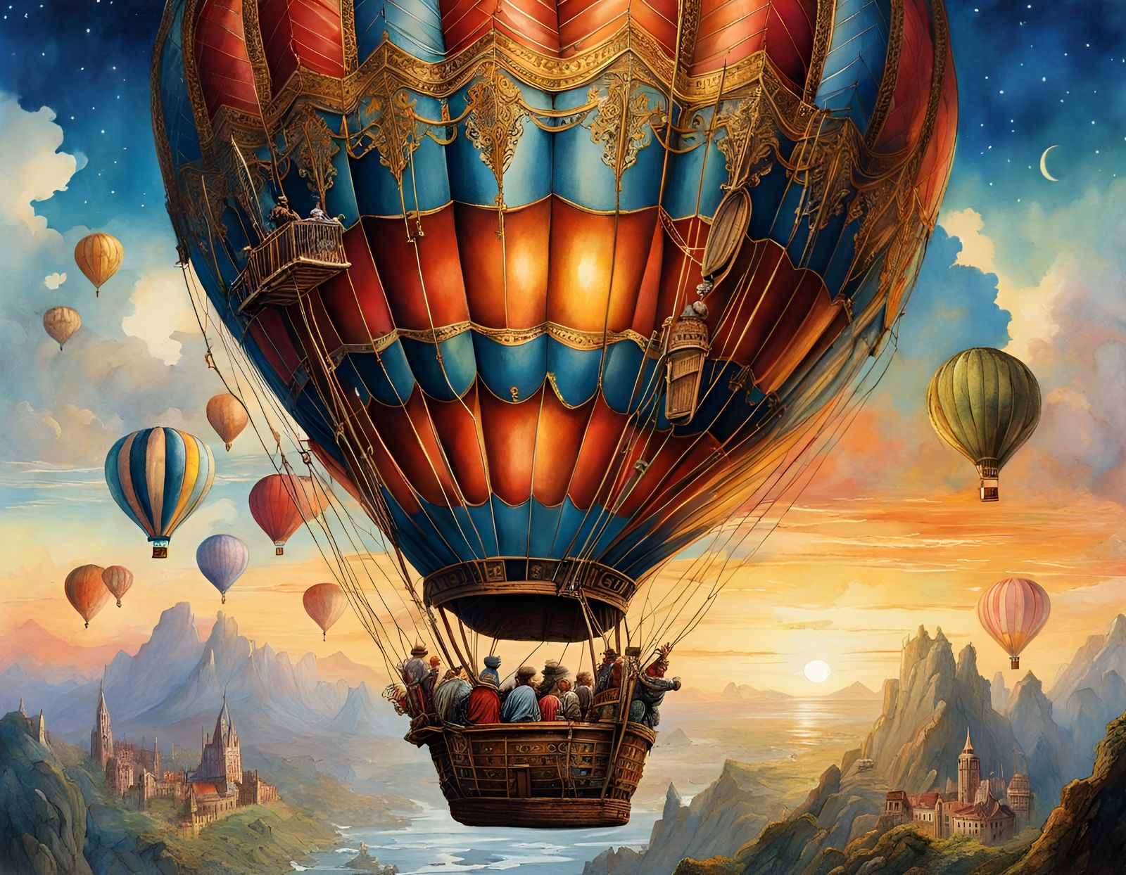 Jules Verne's Hot Air Balloon Adventure: Watercolor Illustra...